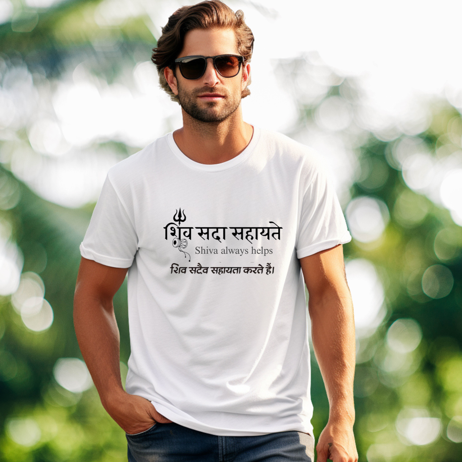 Man wearing a white t-shirt with text in Sanskrit against a blurred green background