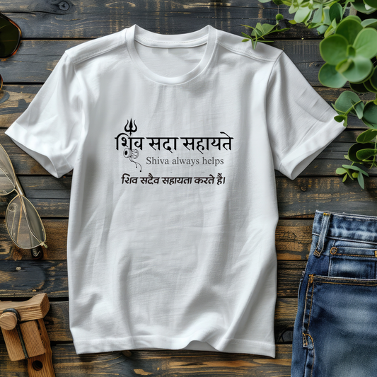 White t-shirt with printed text on a wooden surface with jeans and sunglasses.