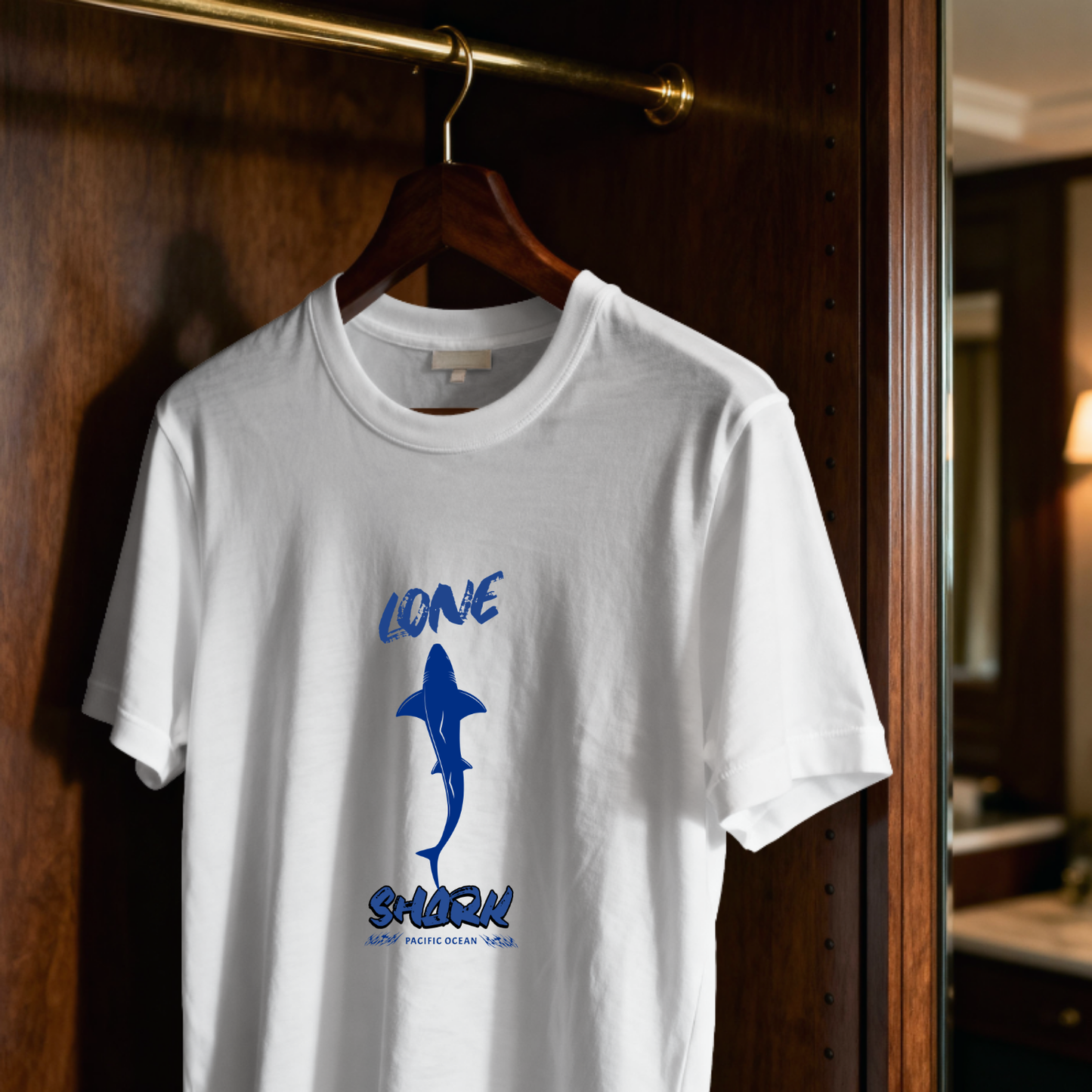 Lone Shark - Cool blue Pure Cotton White T-shirt