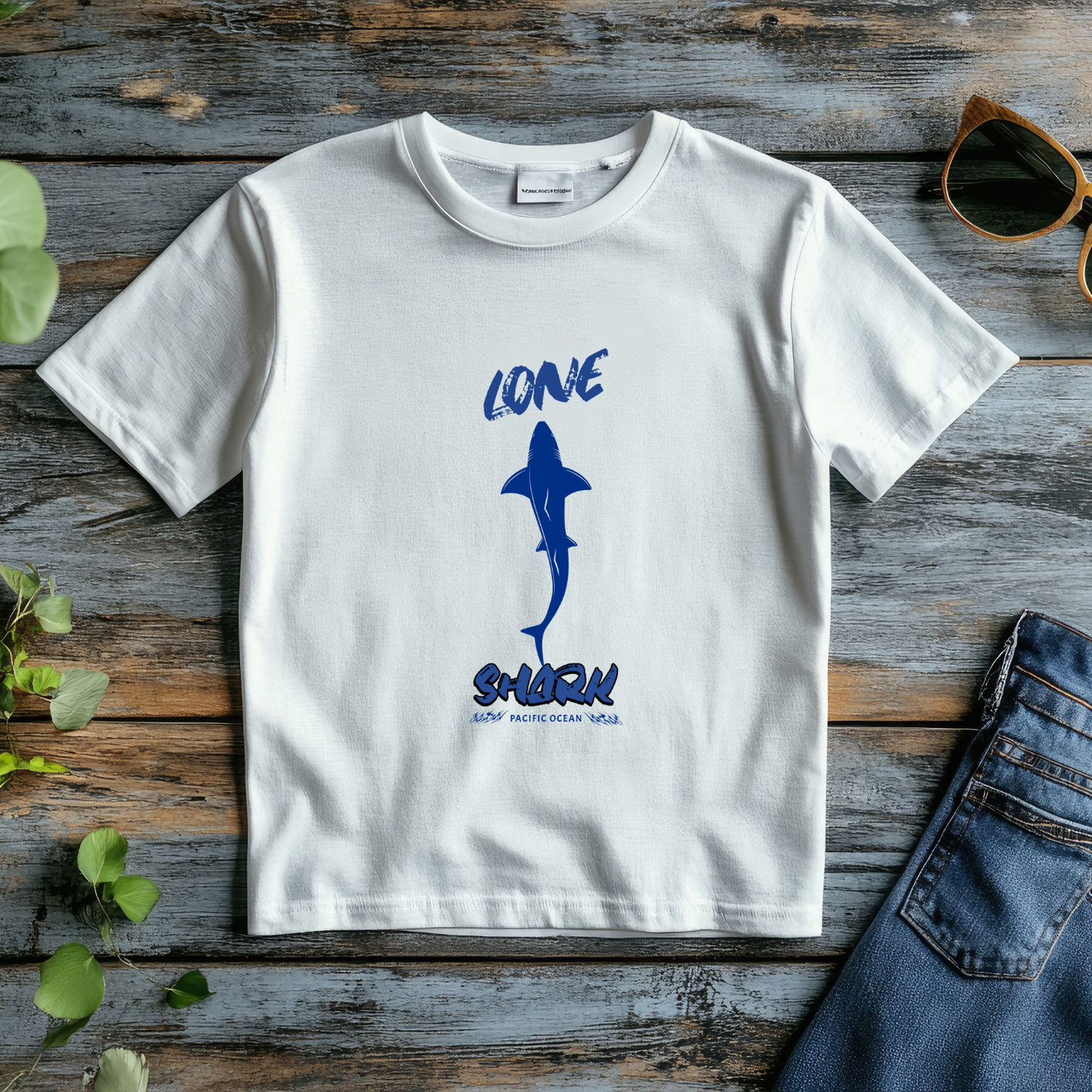 Lone Shark - Cool blue Pure Cotton White T-shirt