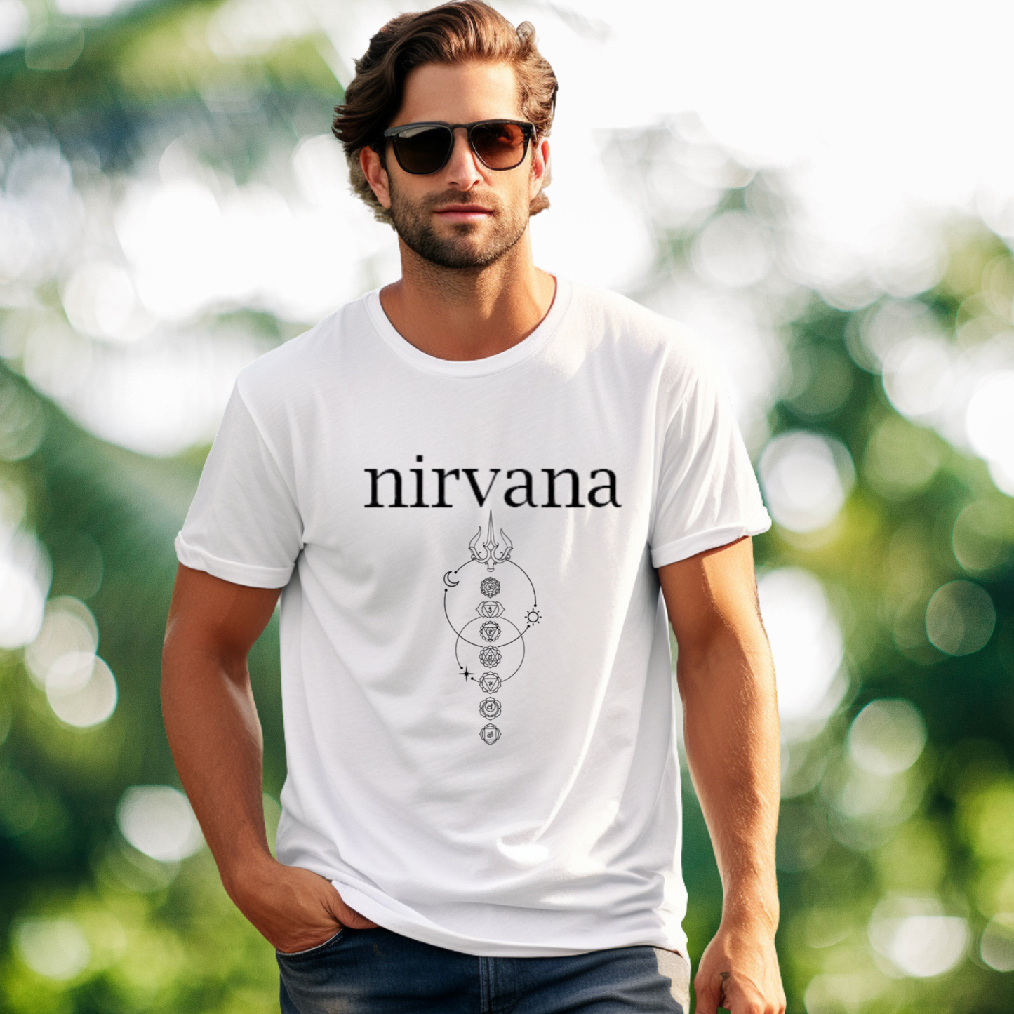Man wearing a white t-shirt with 'nirvana' design outdoors