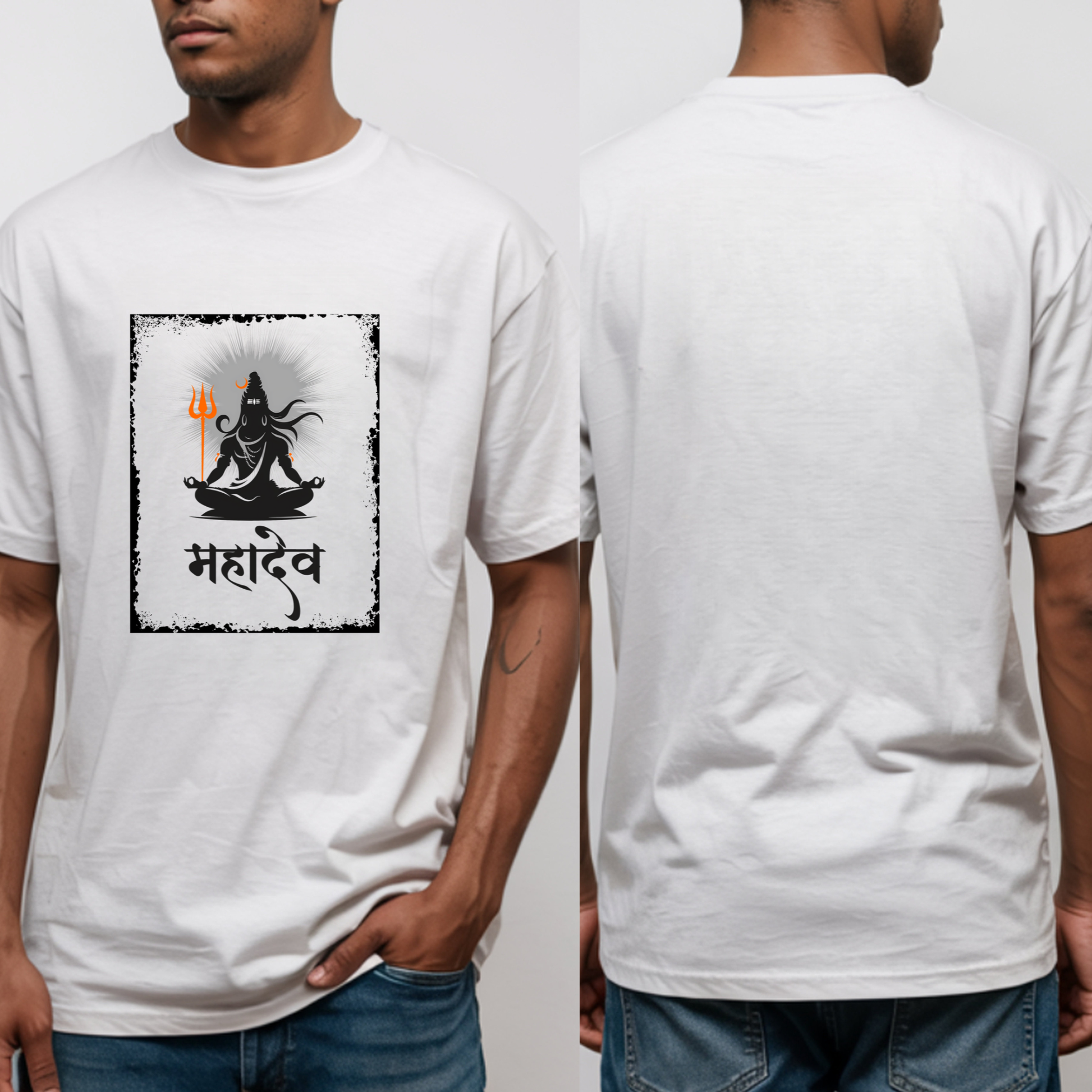 White t-shirt with a graphic design of Mahadev on the front and back, worn by a person.