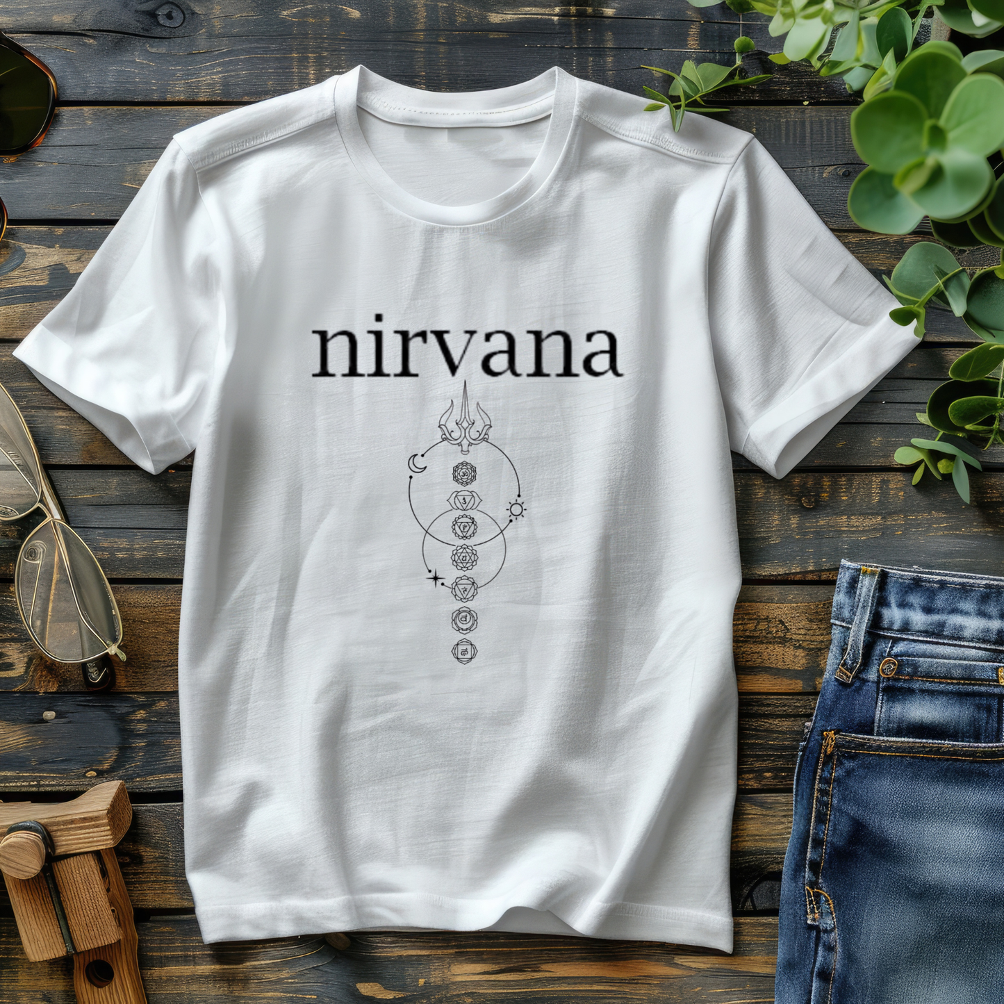 White t-shirt with 'nirvana' design on a wooden surface with jeans and sunglasses.
