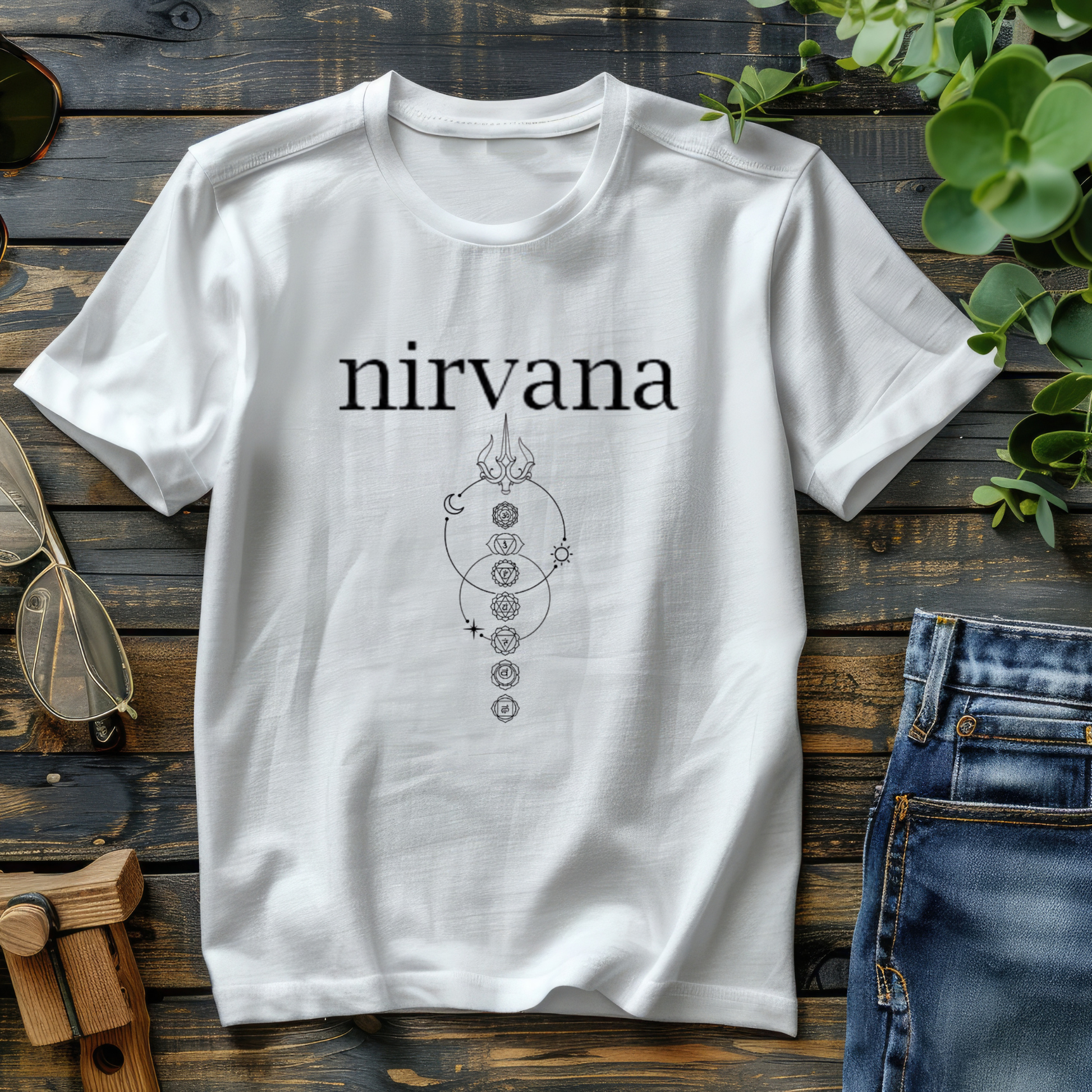 White t-shirt with 'nirvana' design on a wooden surface with jeans and sunglasses.