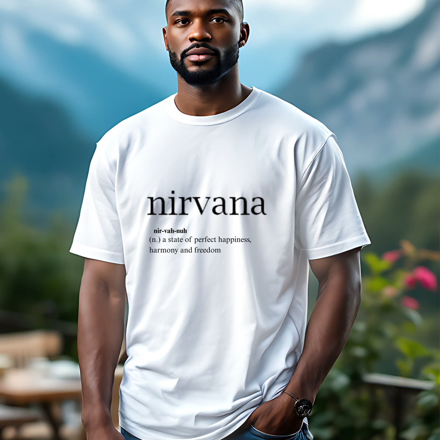 Man wearing a white t-shirt with 'nirvana' definition text, standing outdoors with mountains in the background.