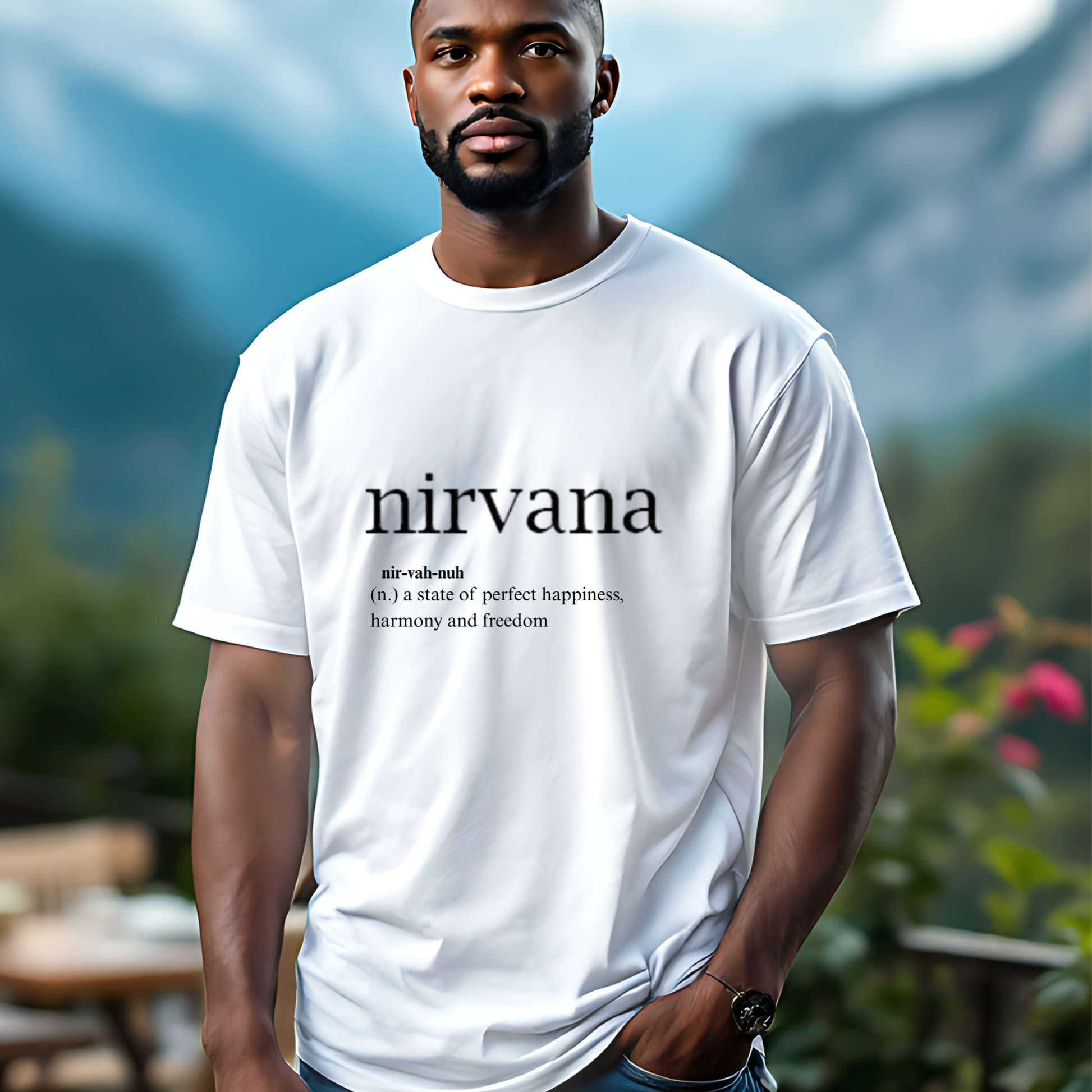 Man wearing a white t-shirt with 'nirvana' definition text, standing outdoors with mountains in the background.