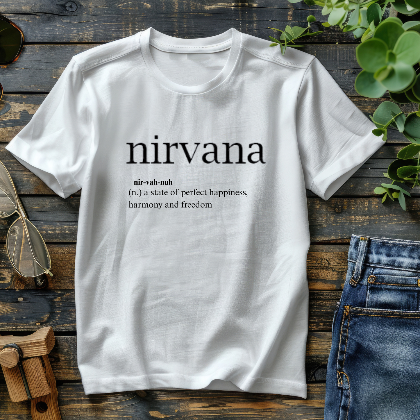 White t-shirt with 'nirvana' definition text on a wooden surface with jeans and sunglasses.