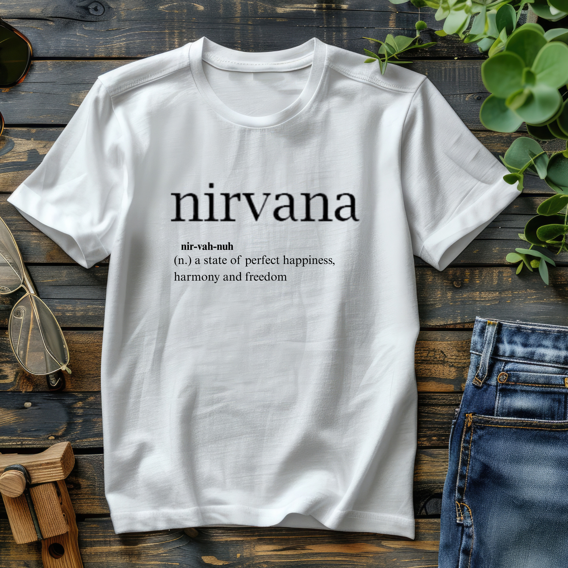 White t-shirt with 'nirvana' definition text on a wooden surface with jeans and sunglasses.