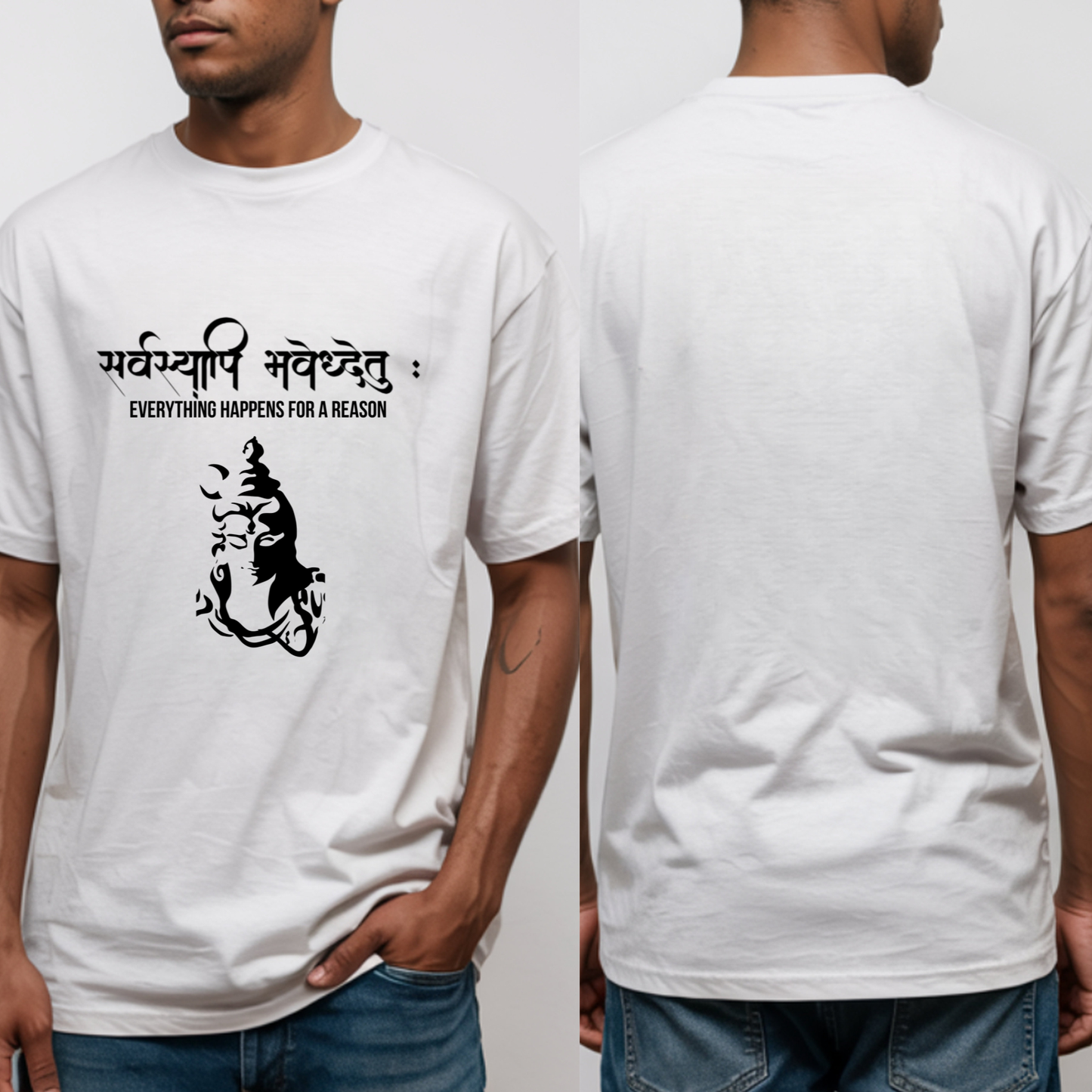 White t-shirt with black text and design on front and back, worn by a person.