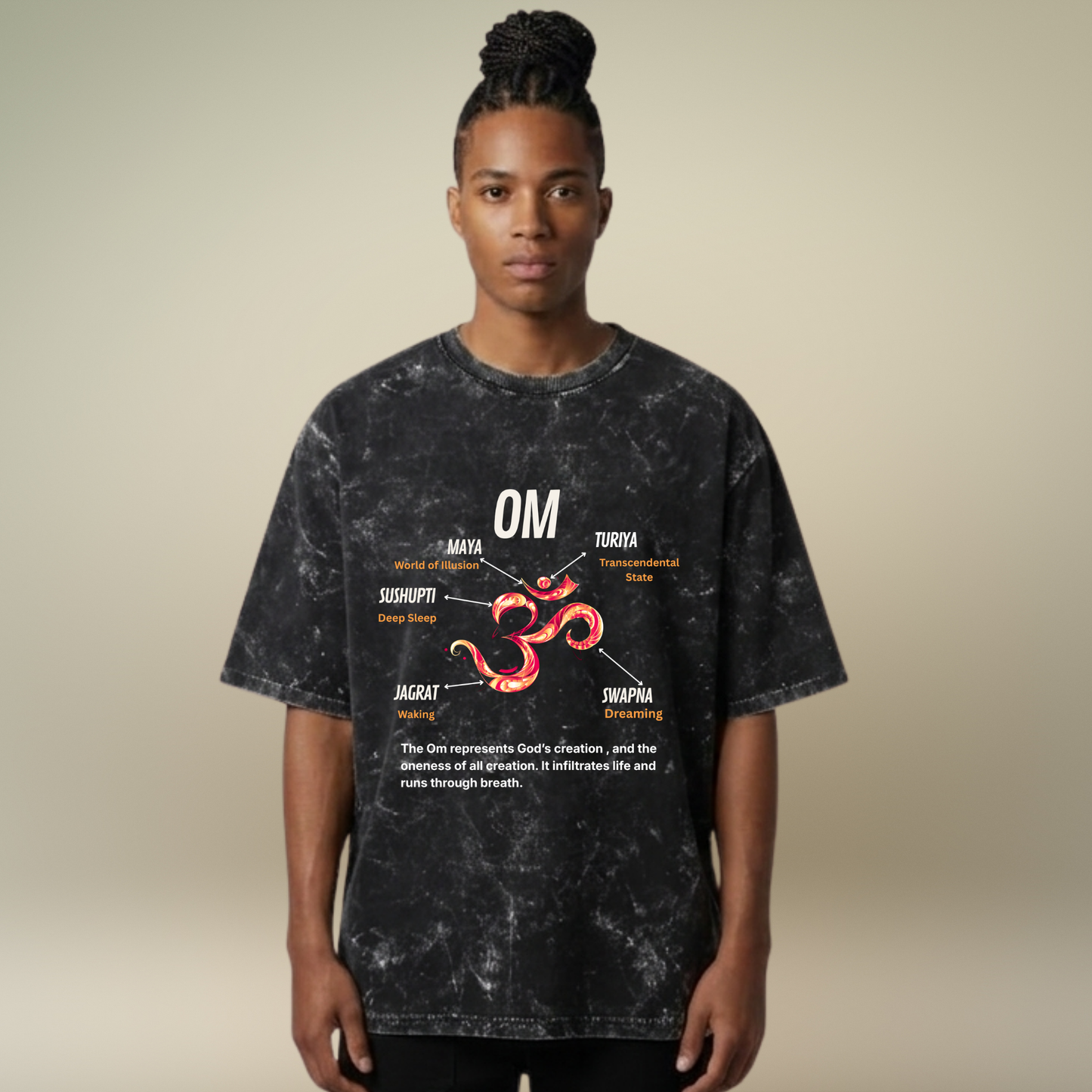 Person wearing a black t-shirt with red and white text and symbols on a beige background
