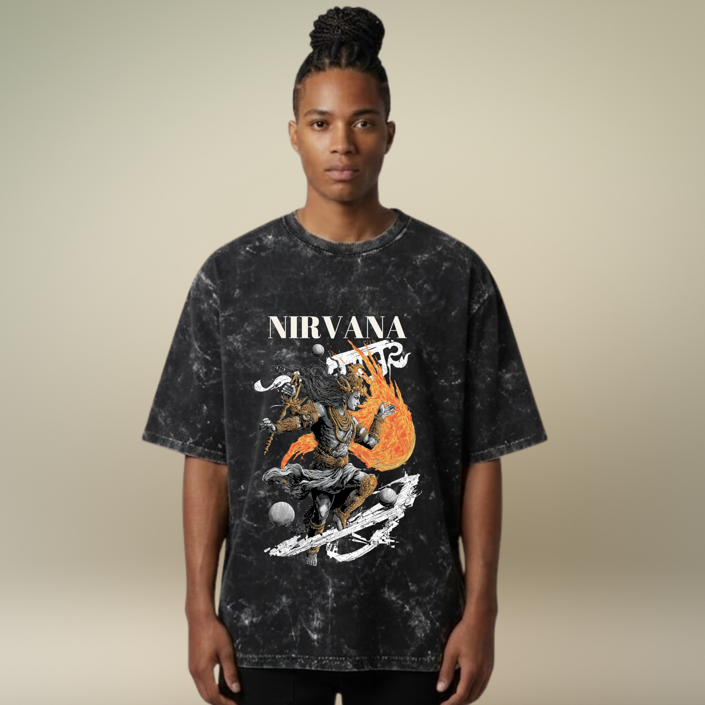 Person wearing a Nirvana t-shirt with graphic design on a beige background