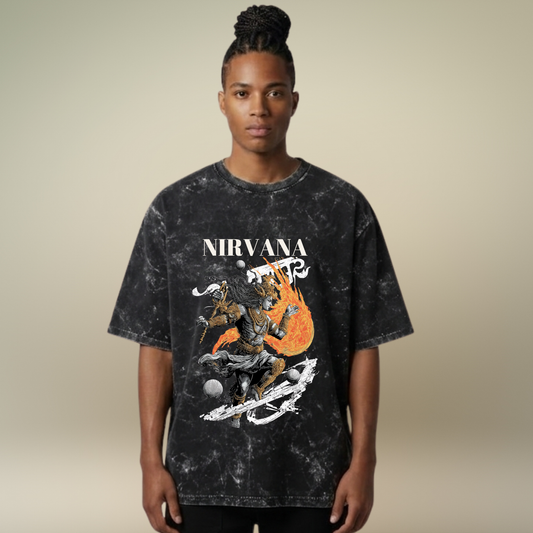 Person wearing a Nirvana t-shirt with graphic design on a beige background