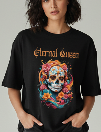 Woman wearing a black t-shirt with a colorful skull design and 'Eternal Queen' text on a plain background
