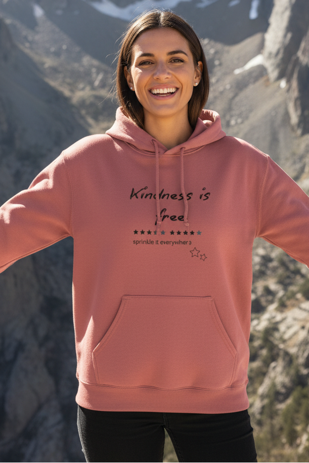 Person wearing a pink hoodie with text in front of mountainous landscape
