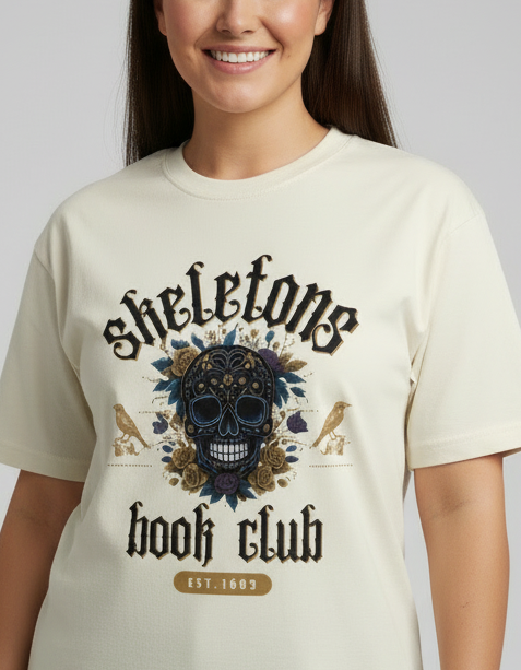 Woman wearing a cream t-shirt with a skull design and text on a gray background