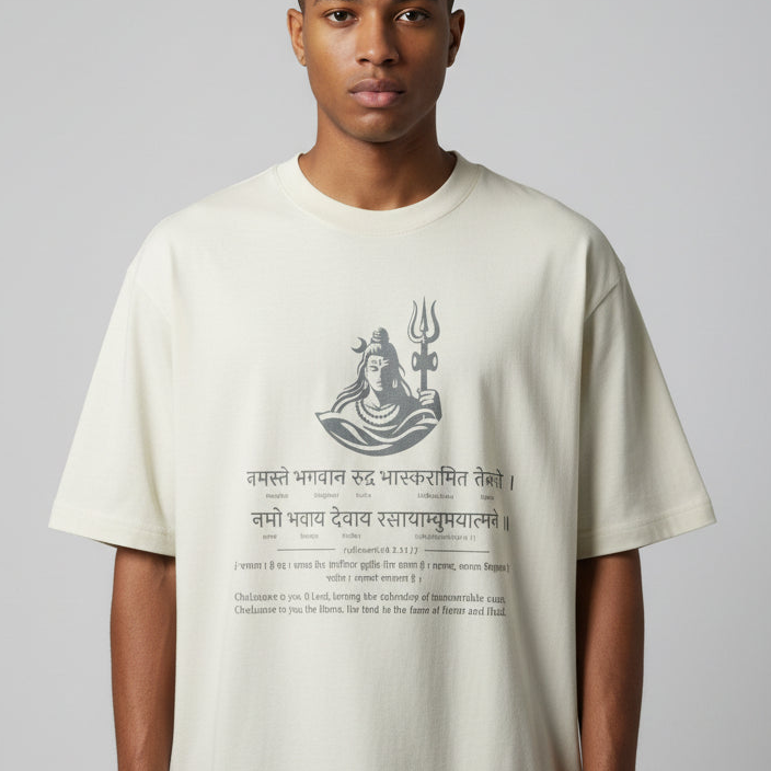 Person wearing a beige t-shirt with a graphic design and text on a plain background