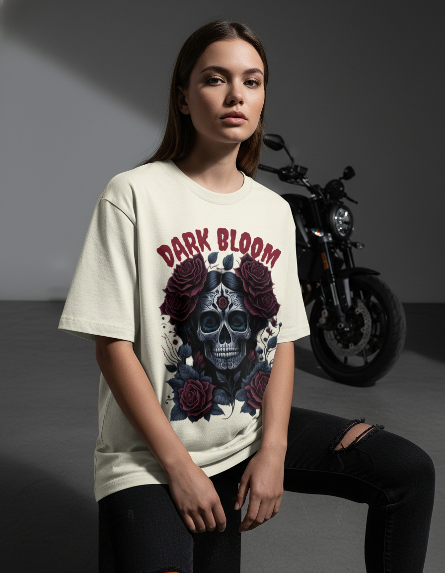 Person wearing a t-shirt with a skull and roses design in front of a motorcycle.