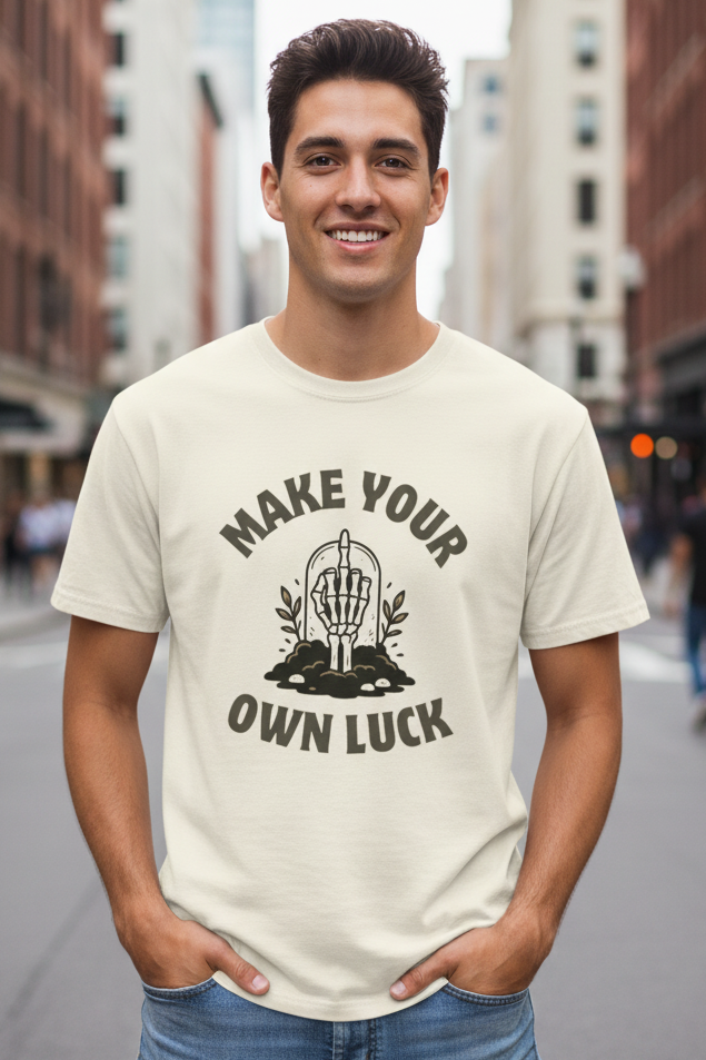 Man wearing a t-shirt with 'Make Your Own Luck' graphic on a city street