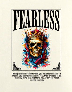 Skull with crown and colorful design, text 'FEARLESS' on a beige background