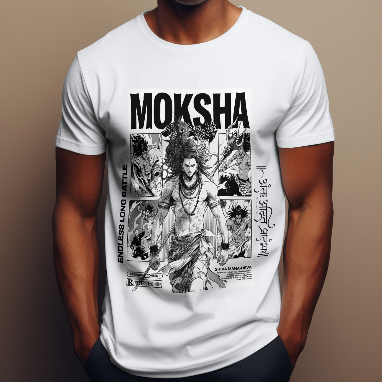 White t-shirt with black and white graphic design featuring a character and text on a brown background