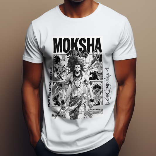 White t-shirt with black and white graphic design featuring a character and text on a brown background