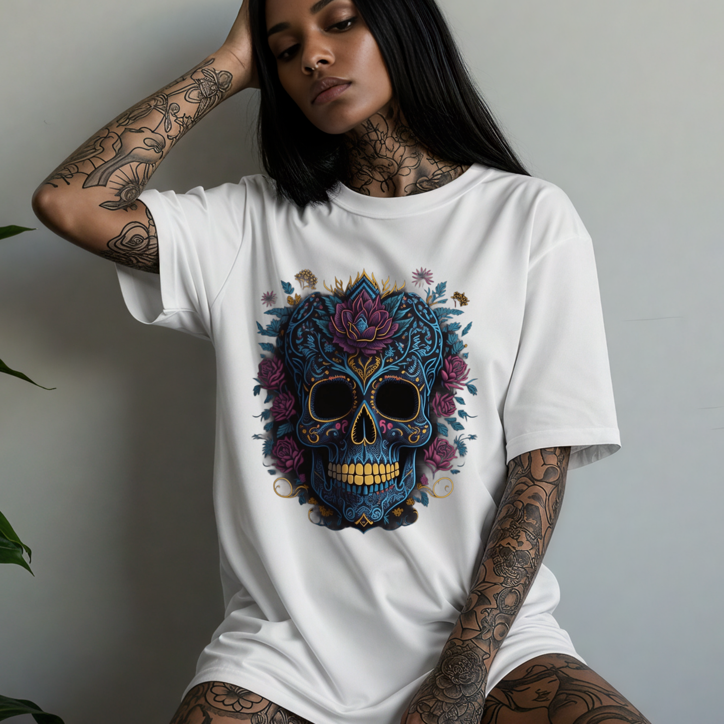 Skull and Roses Gothic T-Shirt – Dark Romantic Floral Skull Tee – Alternative Grunge Fashion