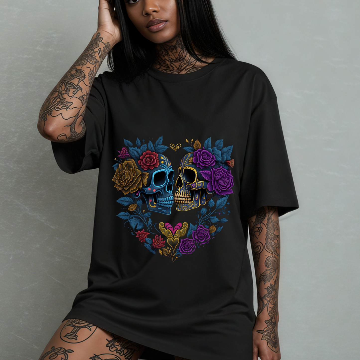 Time Buried in Roses -Gothic T-Shirt – Dark Romantic Floral Skull Tee – Alternative Grunge Fashion