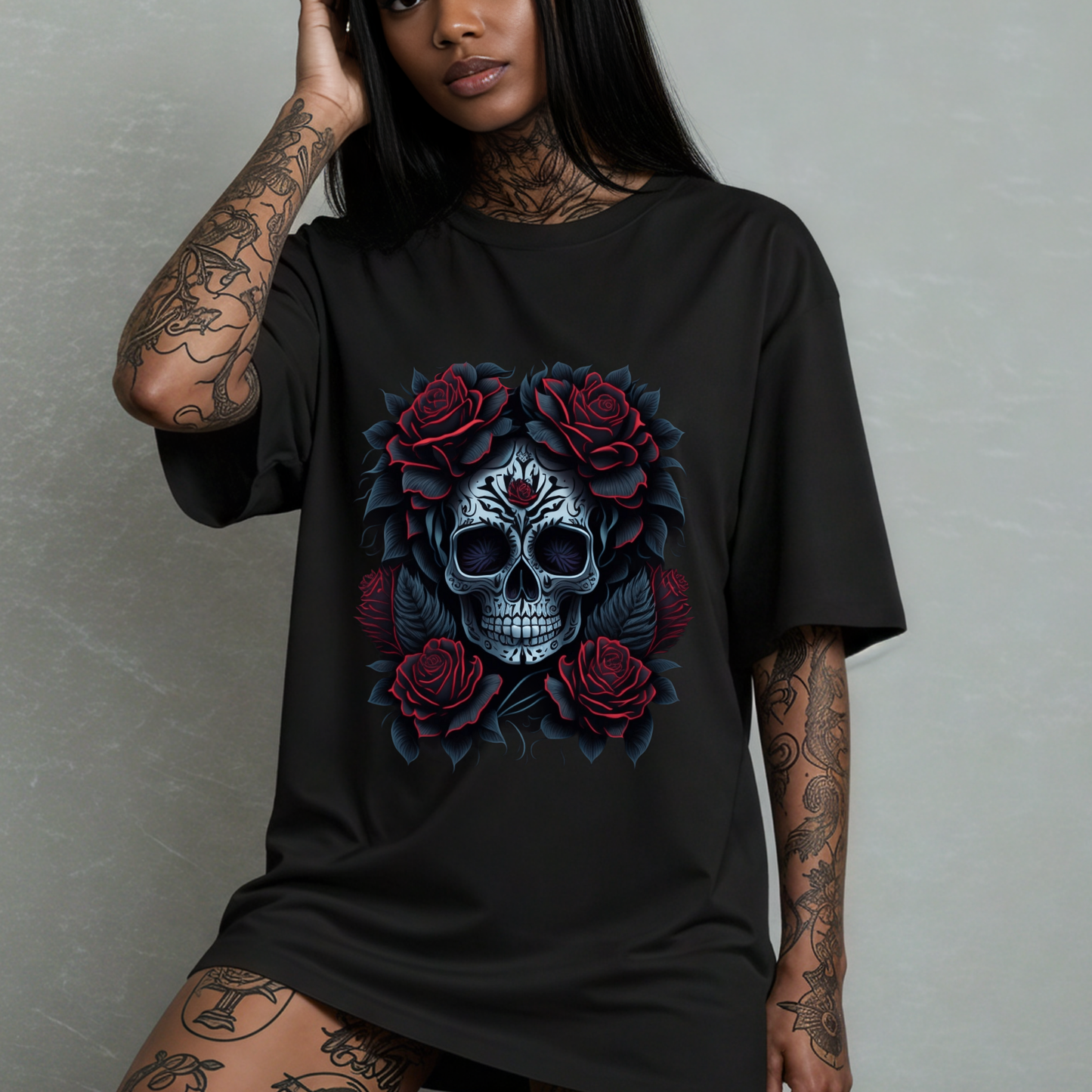 Eternal Elegance --Gothic Skull and Rose T-Shirt for Women | Romantic Dark Aesthetic Tee | Soft Grunge Fashion