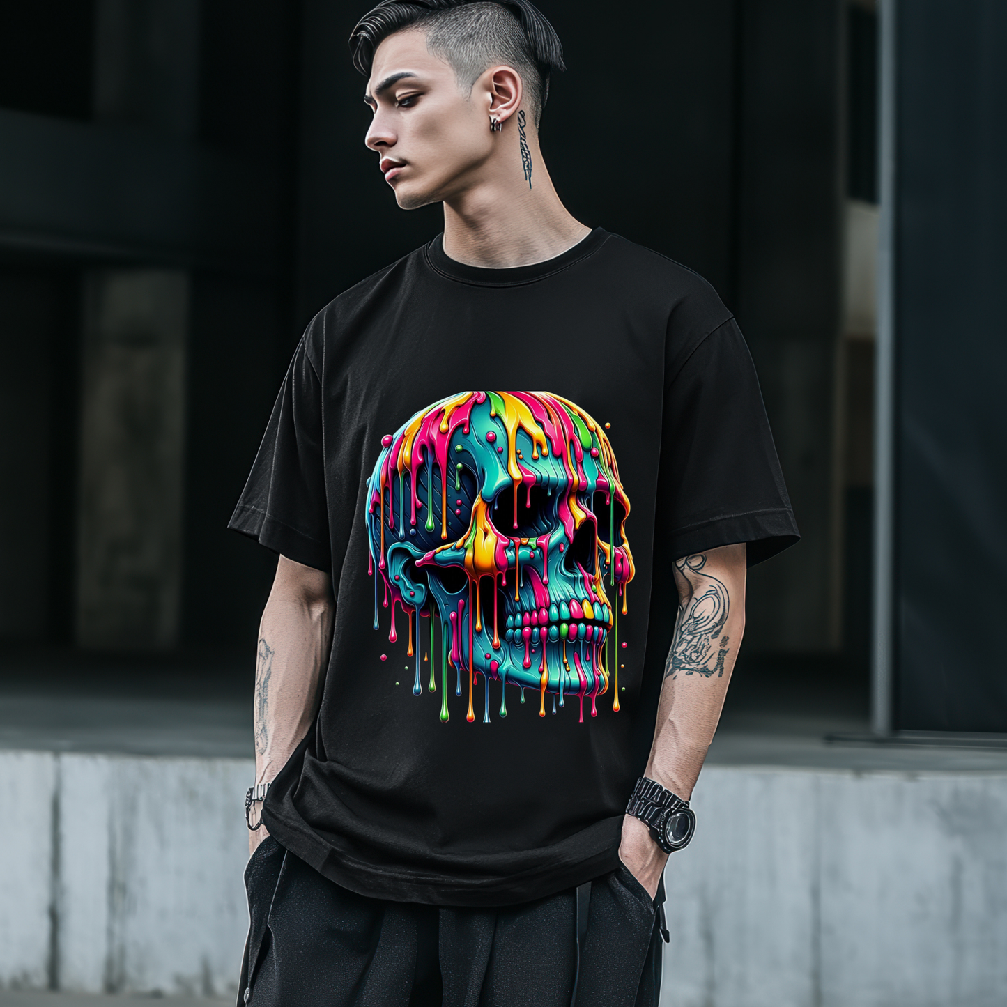 Colourful skull face Men's Oversized Graphic T-Shirt – Streetwear Cotton Tee