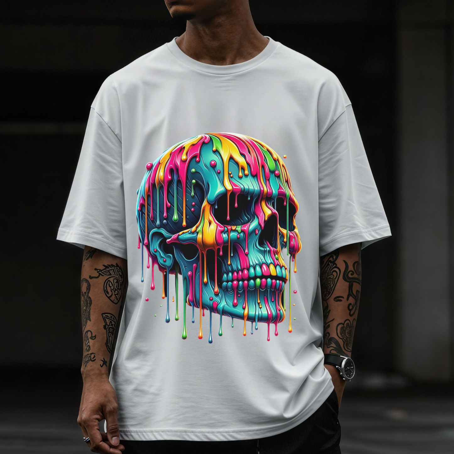Colourful skull face Men's Oversized Graphic T-Shirt – Streetwear Cotton Tee
