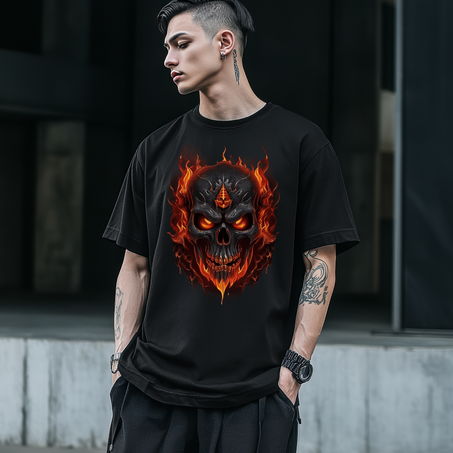 Fierce skul in flames Men's Oversized T-shirt for bike lover and rebels