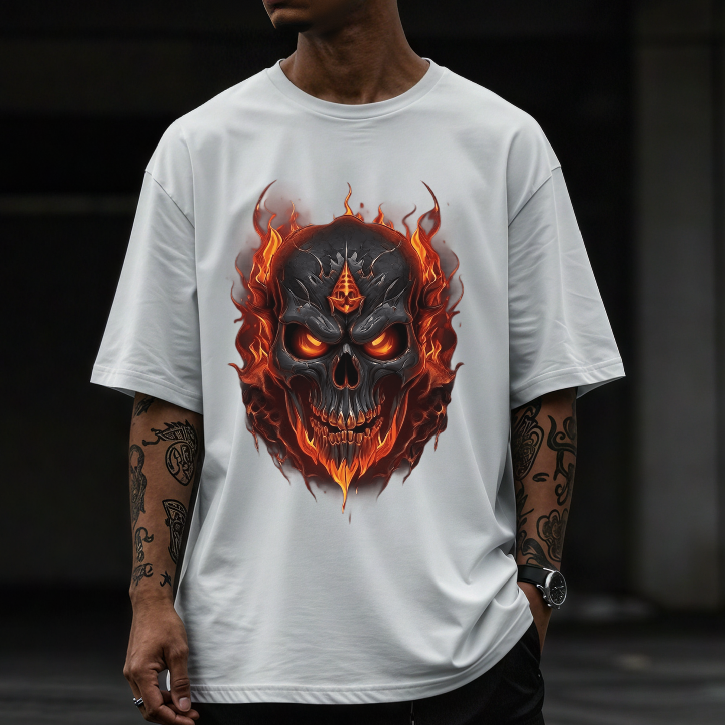 Fierce skul in flames Men's Oversized T-shirt for bike lover and rebels