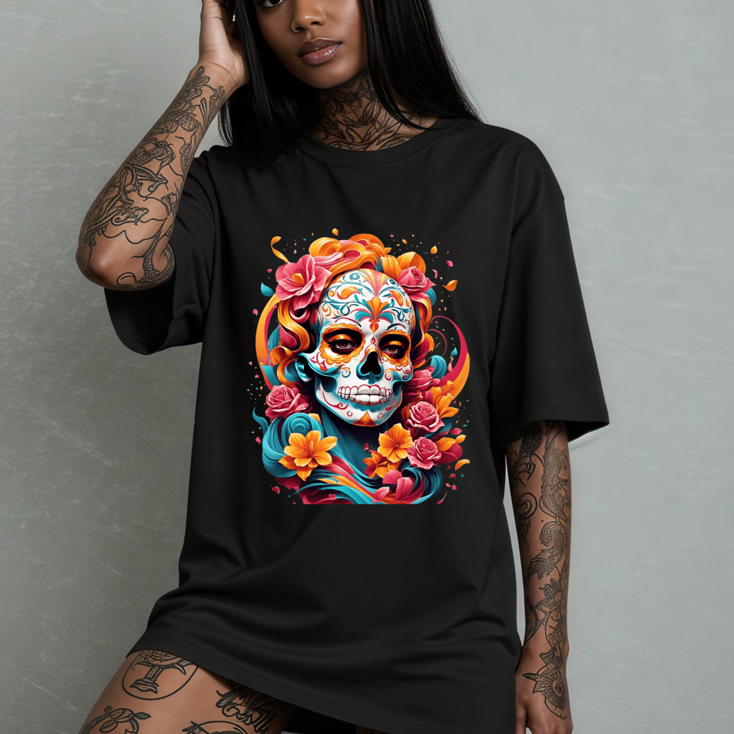 Flowery Sugar skull Women's oversized T-shirt