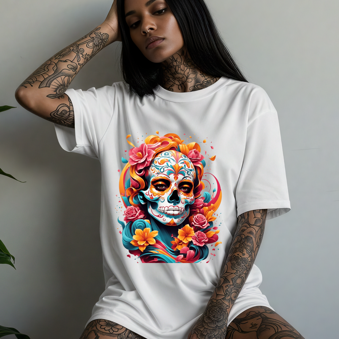 Flowery Sugar skull Women's oversized T-shirt