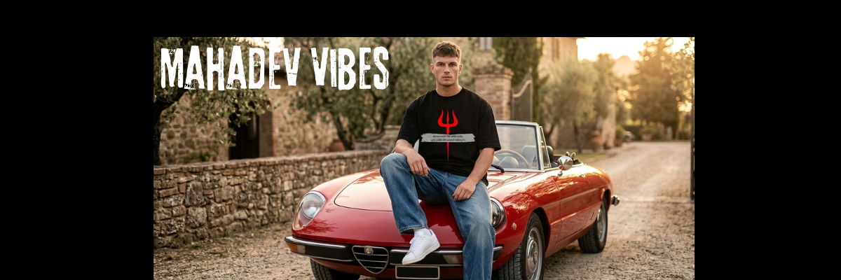 Person sitting on a red classic car with 'Mahadev Vibes' text overlay