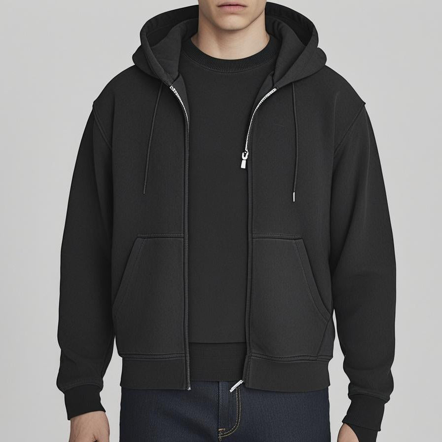 Person wearing a black hoodie on a plain background