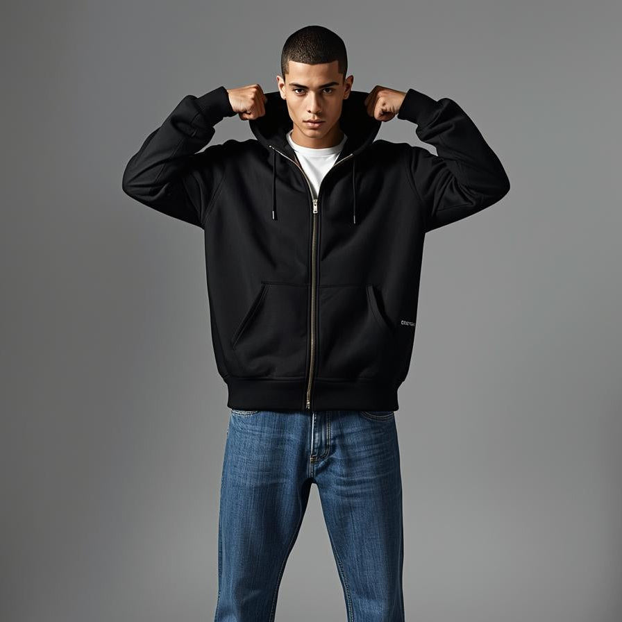 Man wearing a black jacket and blue jeans against a gray background