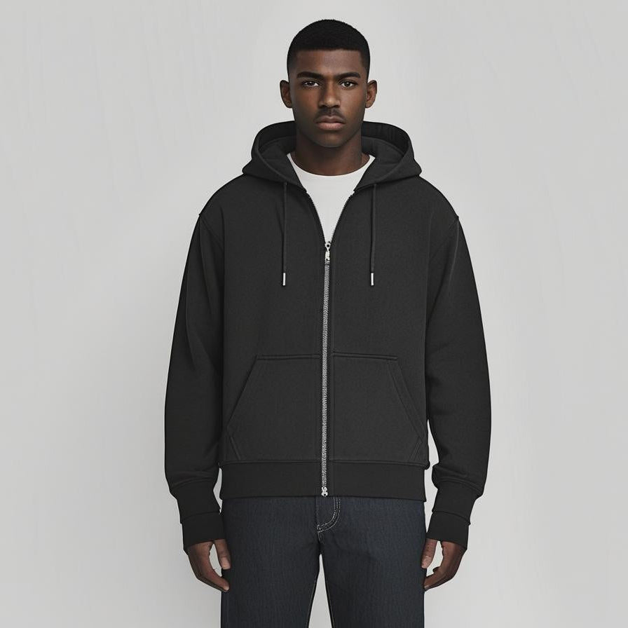 Man wearing a black hoodie and pants on a gray background